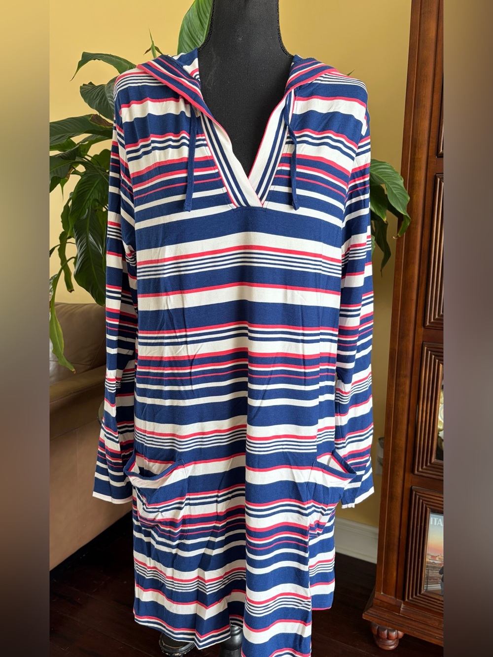 Coolibar Catalina Beach Cover-Up Dress w/hoodie, pockets, striped UPF 50 - Large